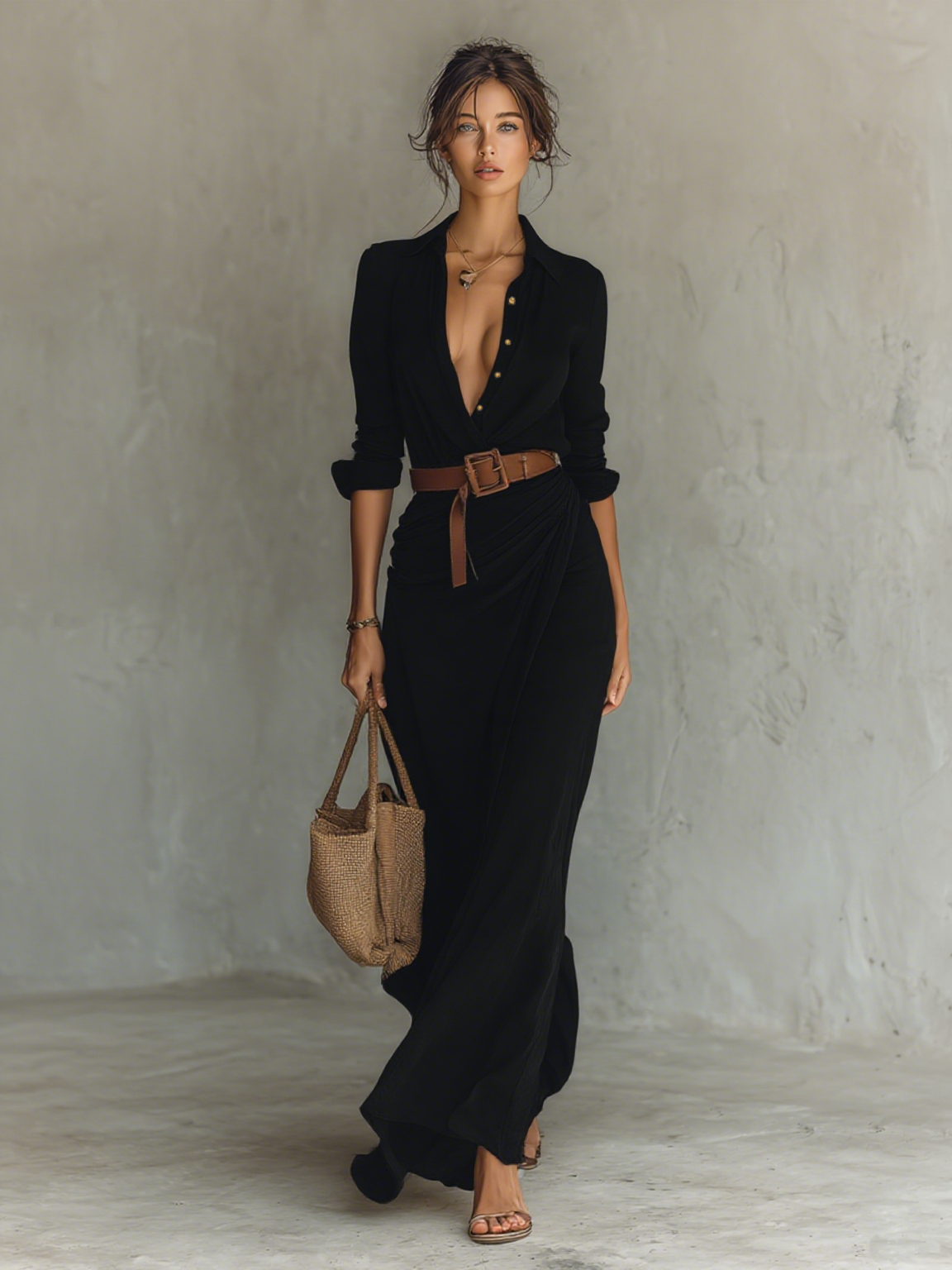 Vestido largo con escote y cinturón incluido