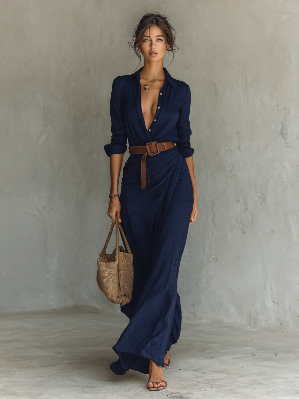 Vestido largo con escote y cinturón incluido