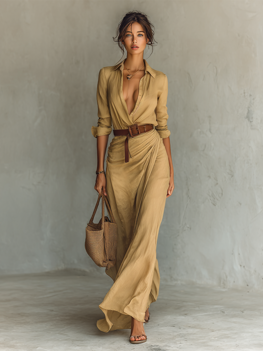 Vestido largo con escote y cinturón incluido